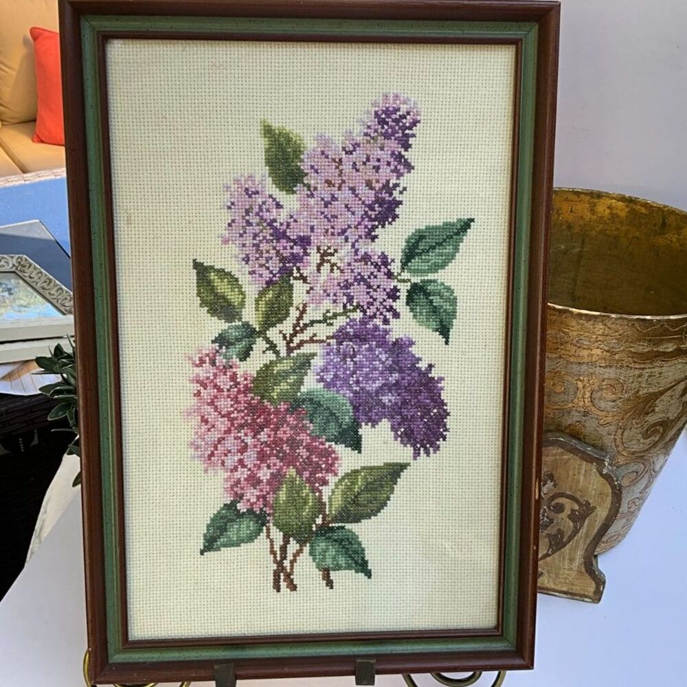 Framed Vintage Lilac Floral Needlepoint / Cross Stitch Grandma Chic Cottagecore